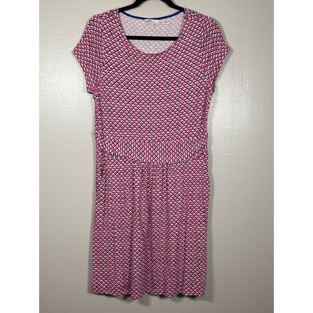 Boden Women Pink Navy Blue Chevron Jersey Dress Short Sleeve Pockets US 10R